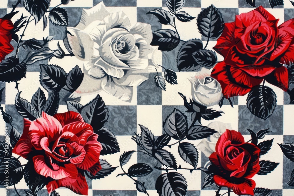 Poster houndstooth pattern with roses in red, white and black generative ai