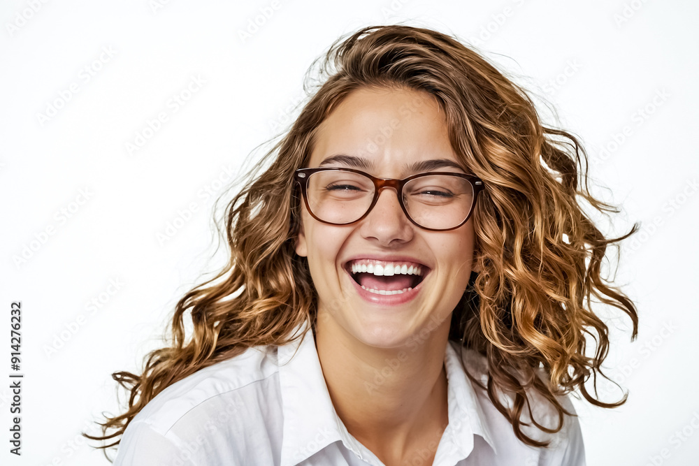 Sticker Beautiful Young Woman Smiling With Glasses On