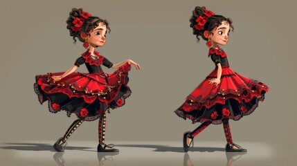 Cute Cartoon Girl in Red and Black Dress.
