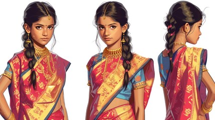 Indian woman in traditional red sari with gold jewelry.