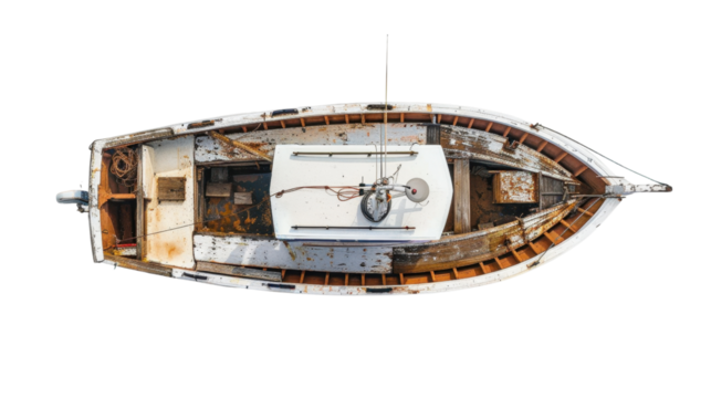 Vintage fishing boat top view on transparent background