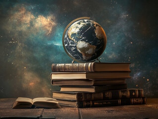 Globe stands on books; knowledge; science; background