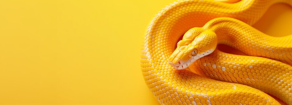 Yellow snake on a yellow background symbolizing Python programming language with ample copy space.