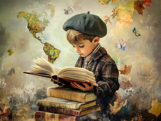 Image of a little boy in a hat reading books