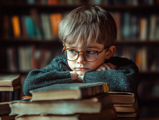 Learning is an adventure.
A little boy with glasses is thinking. He is sitting in the library with books