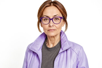 Portrait of a confident woman wearing glasses and a purple jacket