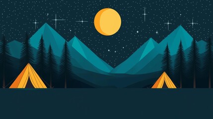 Camping under the stars, tents and sleeping bags, flat design illustration