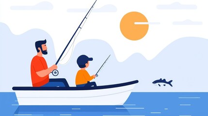 Obraz premium Fishing trip, father and son on a boat, flat design illustration