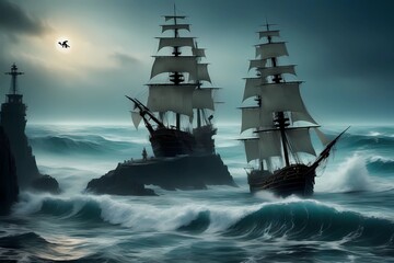 Obraz premium background of a pirate ship, sailing on the high seas, and being battered by sea storms, Generative AI