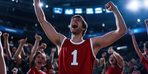 fan cheering in basketball stadium, blank red basketball jersey, white trim, white number "1" 