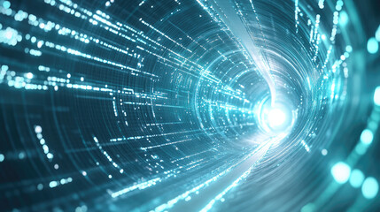 Obraz premium Futuristic tunnel with glowing digital data representing advanced technology, speed, and connectivity in a high-tech environment.