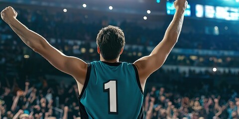fan cheering in basketball stadium, blank turquoise basketball jersey, black trim, white number "1" 