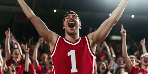 fan cheering in basketball stadium, blank red basketball jersey, white trim, white number "1" 