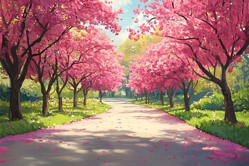Naklejka premium Serene Avenue of Redbud Trees with Bright Pink Flowers - Beautiful Illustration of a Tranquil Landscape Scene