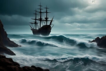 Fototapeta premium background of a pirate ship, sailing on the high seas, and being battered by sea storms, Generative AI