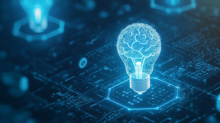 Digital blue light bulb, brain and gear icons on a hexagonal shape roadmap in black color. Concept of creative imagination, intelligence, brainstorming ideas, and solutions for bus