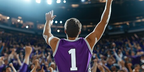 fan cheering in basketball stadium, blank purple basketball jersey, silver trim, white number "1" 