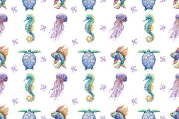 seamless watercolor pattern sea life