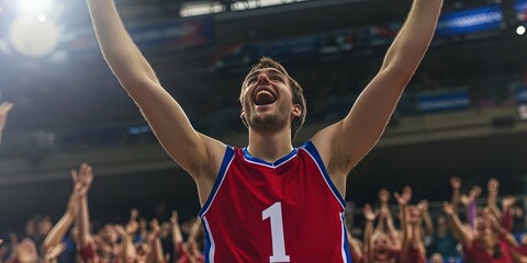 fan cheering in basketball stadium, blank red basketball jersey, blue white trim, white number "1" 