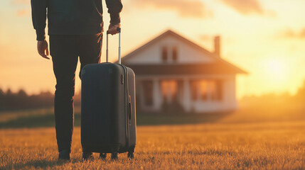 Rearview of a man carrying modern black suitcase luggage and walking towards the house or home. Traveler arriving home after a long business trip or vacation, looking forward to a