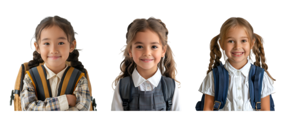 Portrait of children carrying backpacks to school