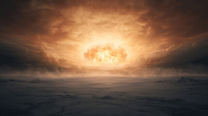 Dramatic apocalyptic scene of a nuclear explosion over a barren landscape, with ominous clouds and devastation. Photo