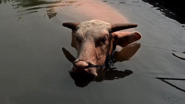 buffaloes are bathing together in the river