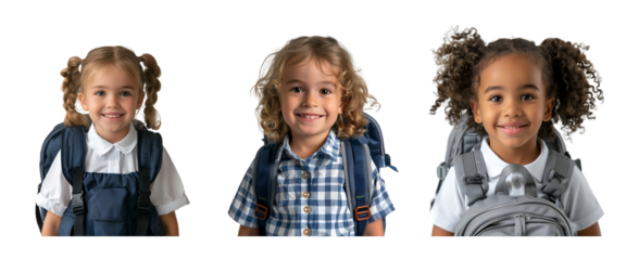 Portrait of children carrying backpacks to school