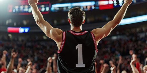fan cheering in basketball stadium, blank black basketball jersey, red white trim, white number "1"