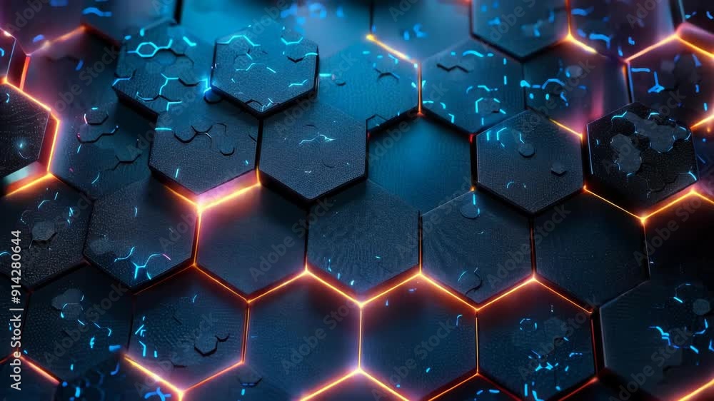 Poster futuristic digital hexagon pattern with glowing edges and neon lighting for abstract technology conc