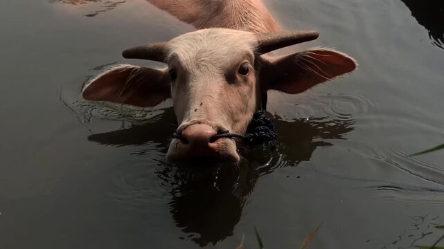 buffaloes are bathing together in the river