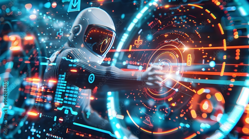 Poster astronaut interacting with futuristic interface.