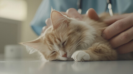 Tranquil cat being examined by a veterinarian in a clinic, emphasizing the meticulous care and attention pets receive during their check-up. Photo