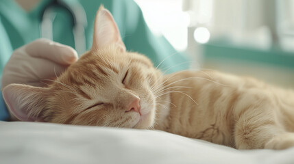 Relaxed cat undergoing a veterinary examination, showcasing the detailed care and professional attention given to pets in a clinical setting. Photo