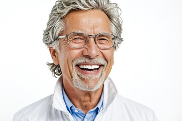 Happy Senior Man with White Coat and Glasses Smiling