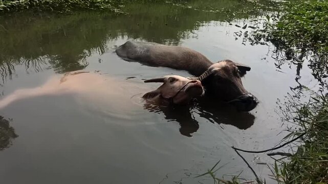 buffaloes are bathing together in the river