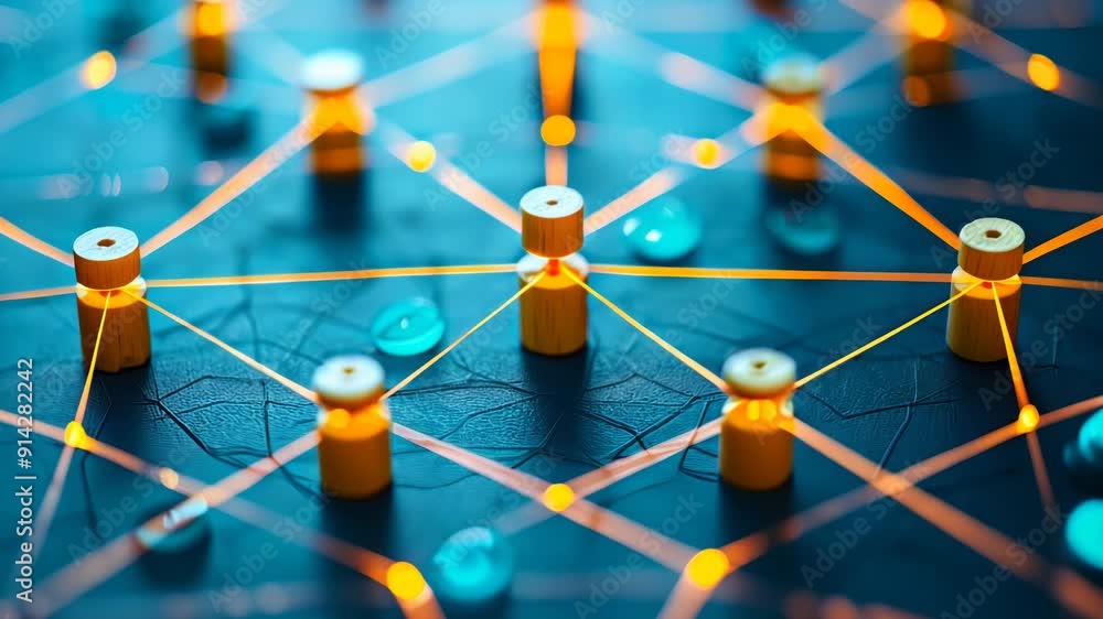 Poster glowing network nodes with unconnected pegs in abstract communication and technology concept at nigh