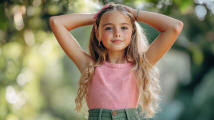 Naklejka premium Young girl in pink top smiling outdoors