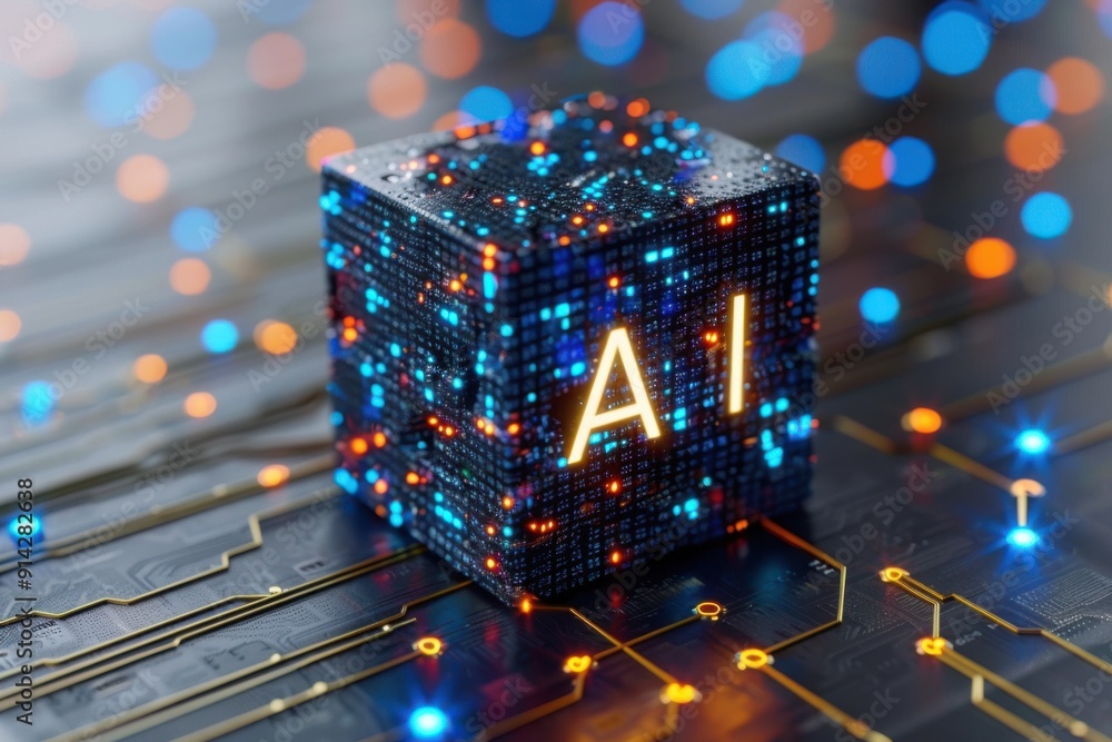 Poster a blue cube with a glowing chip in the center, representing artificial intelligence, is placed on a 