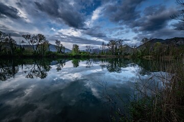 Fototapeta premium Serene landscape with a lake reflecting the cloudy sky and surrounding trees at dusk