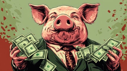 Filthy rich pig with an abundance of cash in pockets, drawn in a cartoonish style, symbolizing greed and wealth.