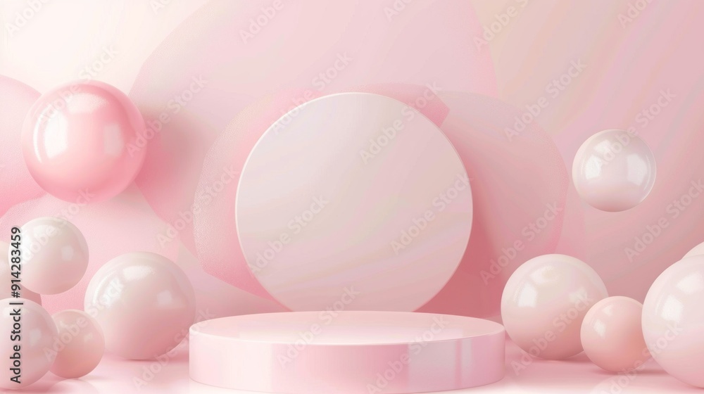 Aufkleber a pink podium surrounded by spheres of various sizes, creating an atmosphere of softness and lightne