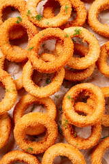 Deep fried onion rings, appetizer, close-up, top view, full frame, no people, favorite dish,