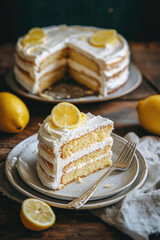 Delicious Slice of Lemon Cake on a Rustic Wooden Table