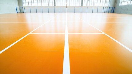High angle view of an empty volleyball court with clean white background. Close up, ample copy space, no people
