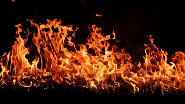 Fire flames against black background, close-up. Heat and energy concept