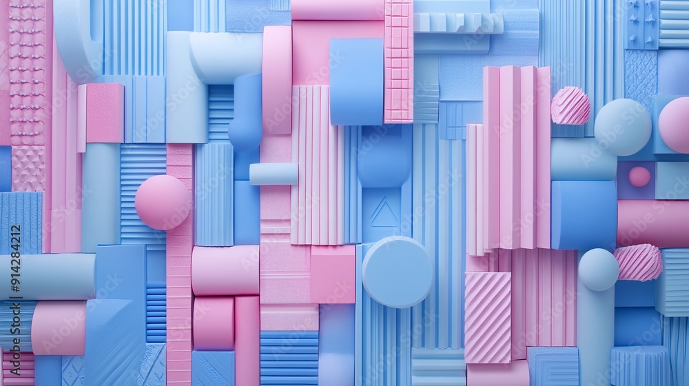 Poster A high-detail flat lay of minimal geometric patterns in soft pastel colors showcasing abstract design elements in a harmonious composition Stock Photo with copy space
