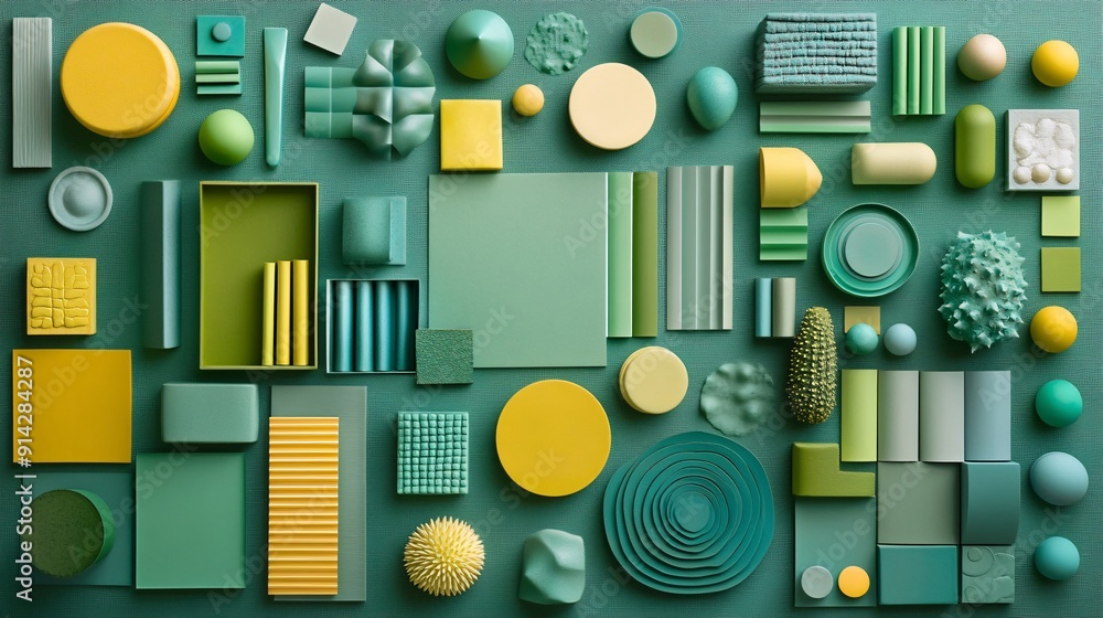 Poster A high-detail flat lay of minimal geometric patterns in soft pastel colors showcasing abstract design elements in a harmonious composition Stock Photo with copy space