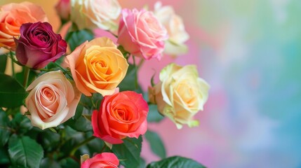 Naklejka premium colorful roses on colorful background. copy space