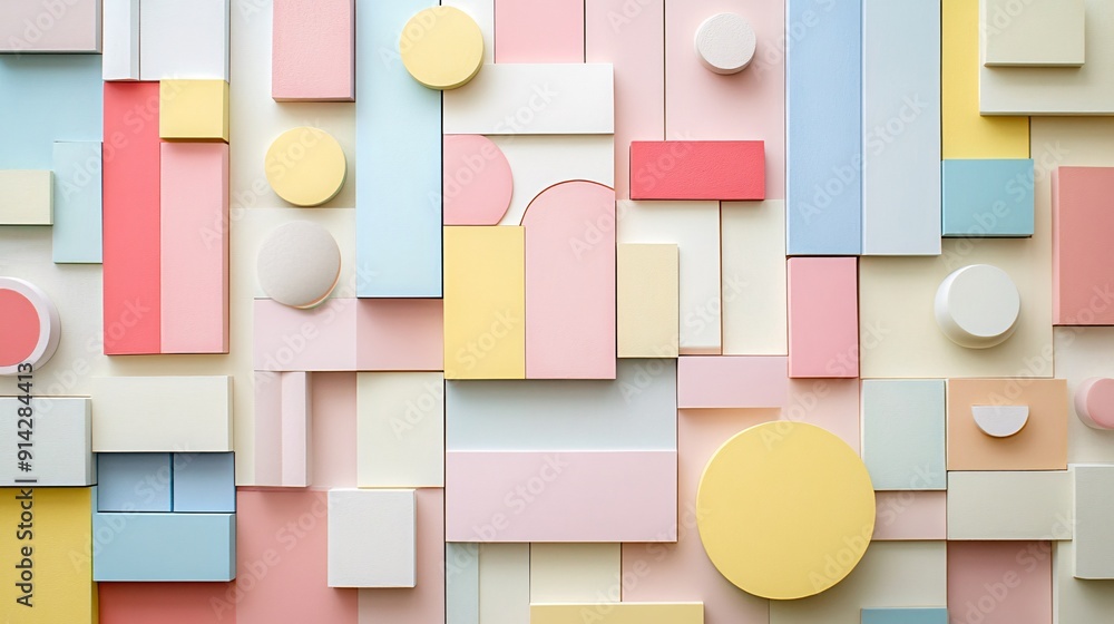 Poster detailed abstract design with minimal geometric shapes arranged in a flat lay style featuring a past